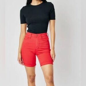 Judy Blue Red Jean Shorts High Rise Tummy Control Bermuda Garment Dyed NEW